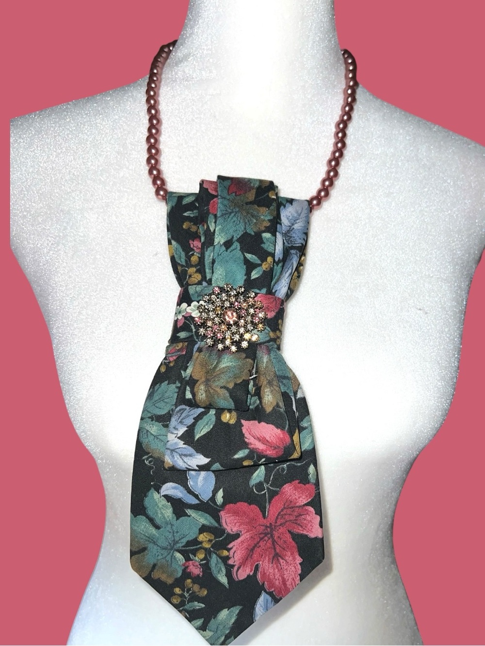 Black and Floral Necktie Necklace with Pink Beaded Chain